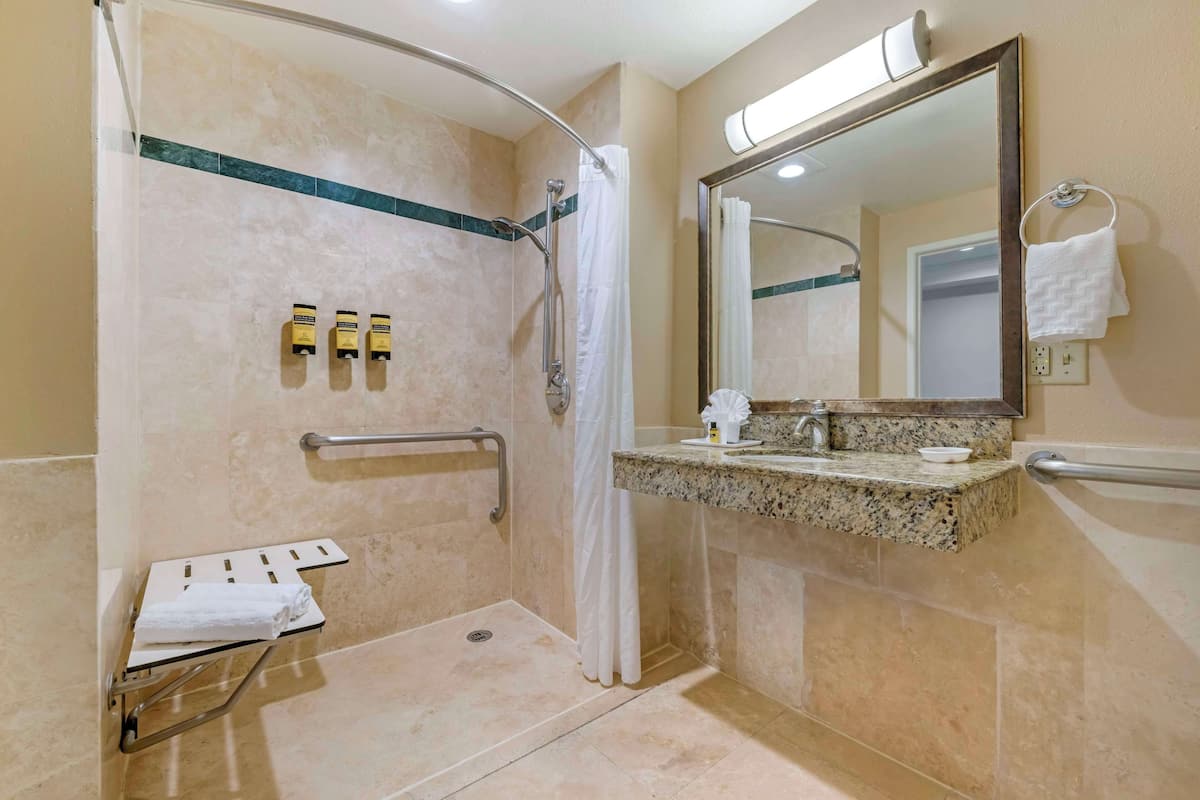 Combined shower/bathtub, hair dryer, towels