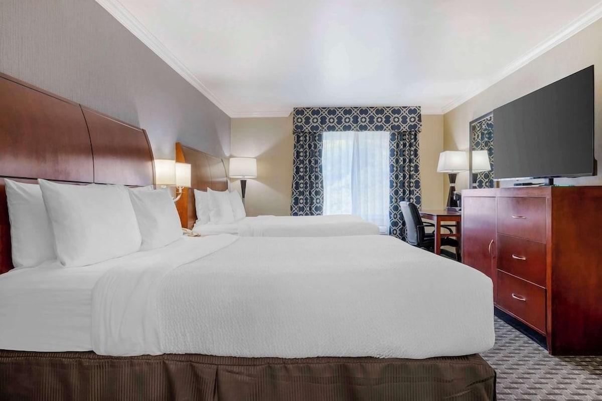 Desk, blackout drapes, iron/ironing board, bed sheets