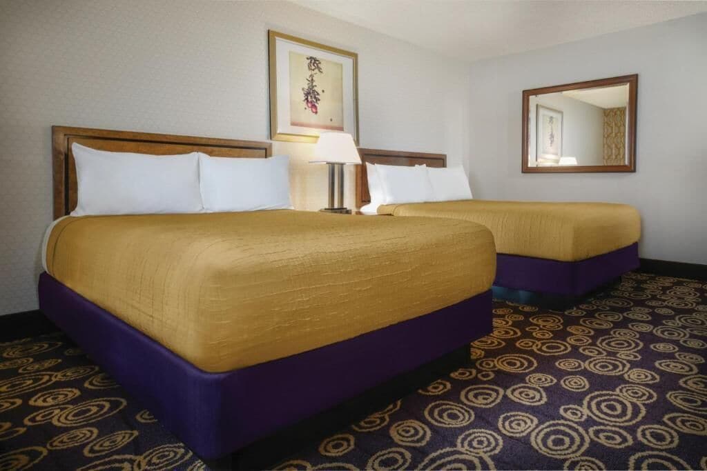 A hotel room with two beds, a large mirror, a framed artwork on the wall, and a patterned carpet.