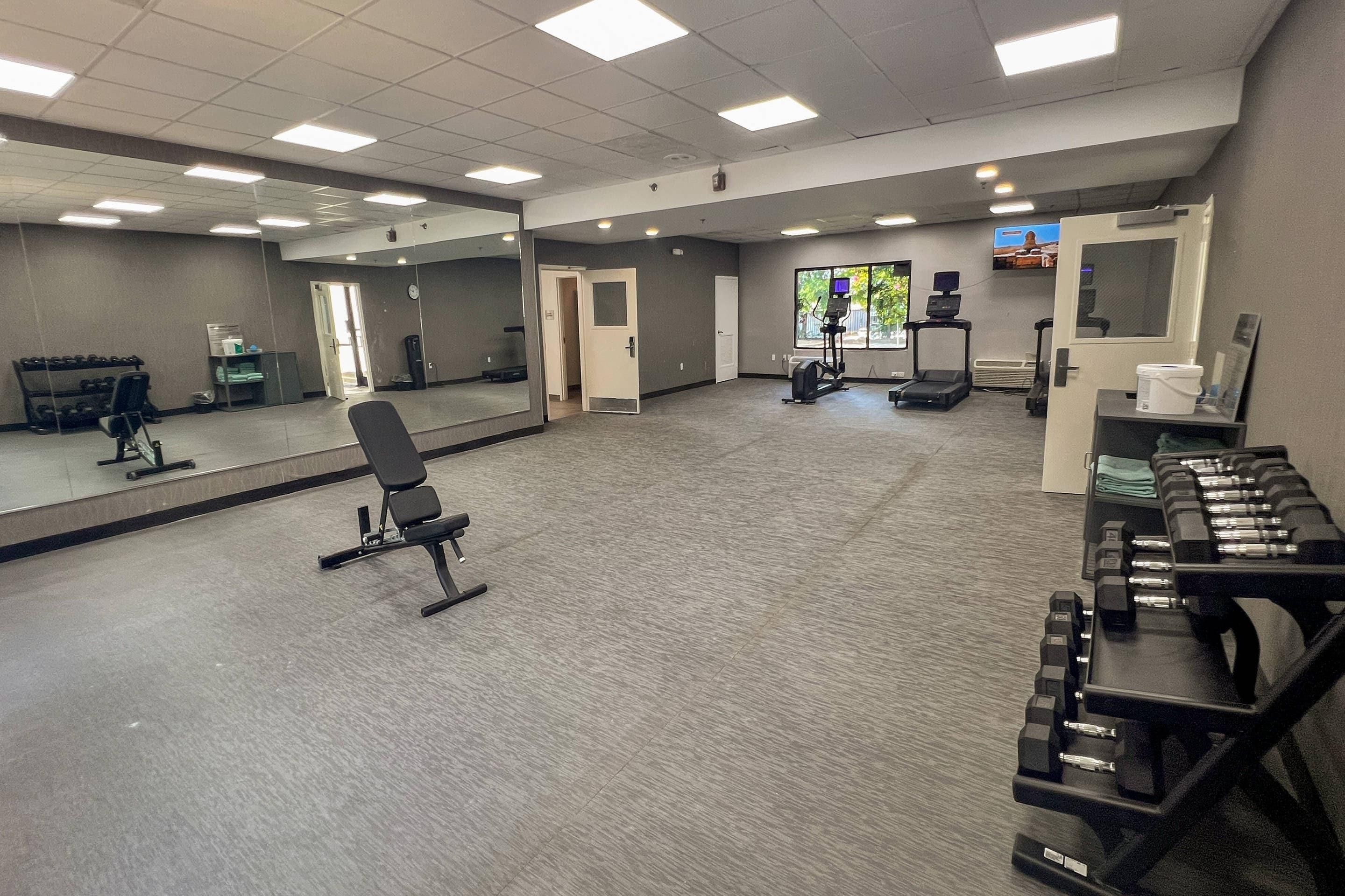 A gym with exercise equipment, a mirror, and a treadmill.