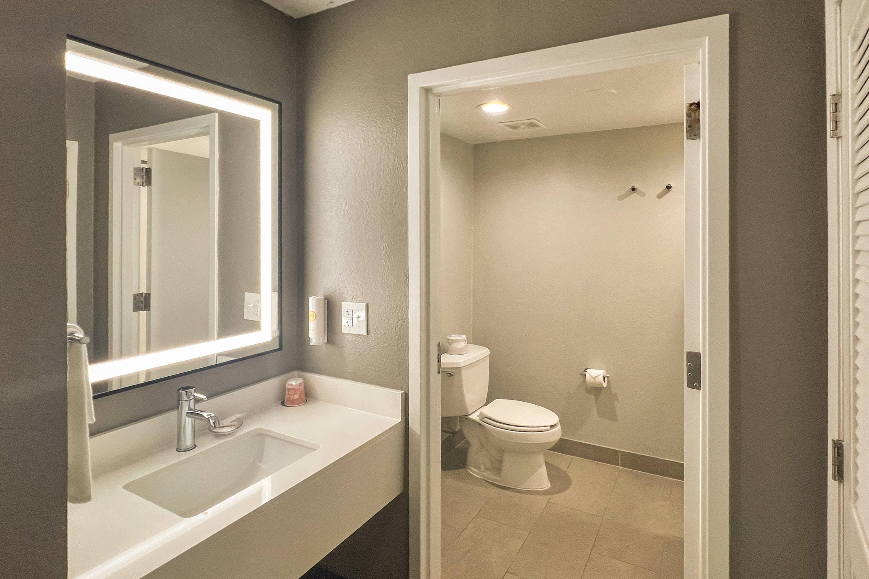A bathroom with a sink, mirror, toilet, and shower.