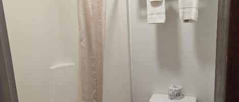 A bathroom with a shower, toilet, and a towel rack.