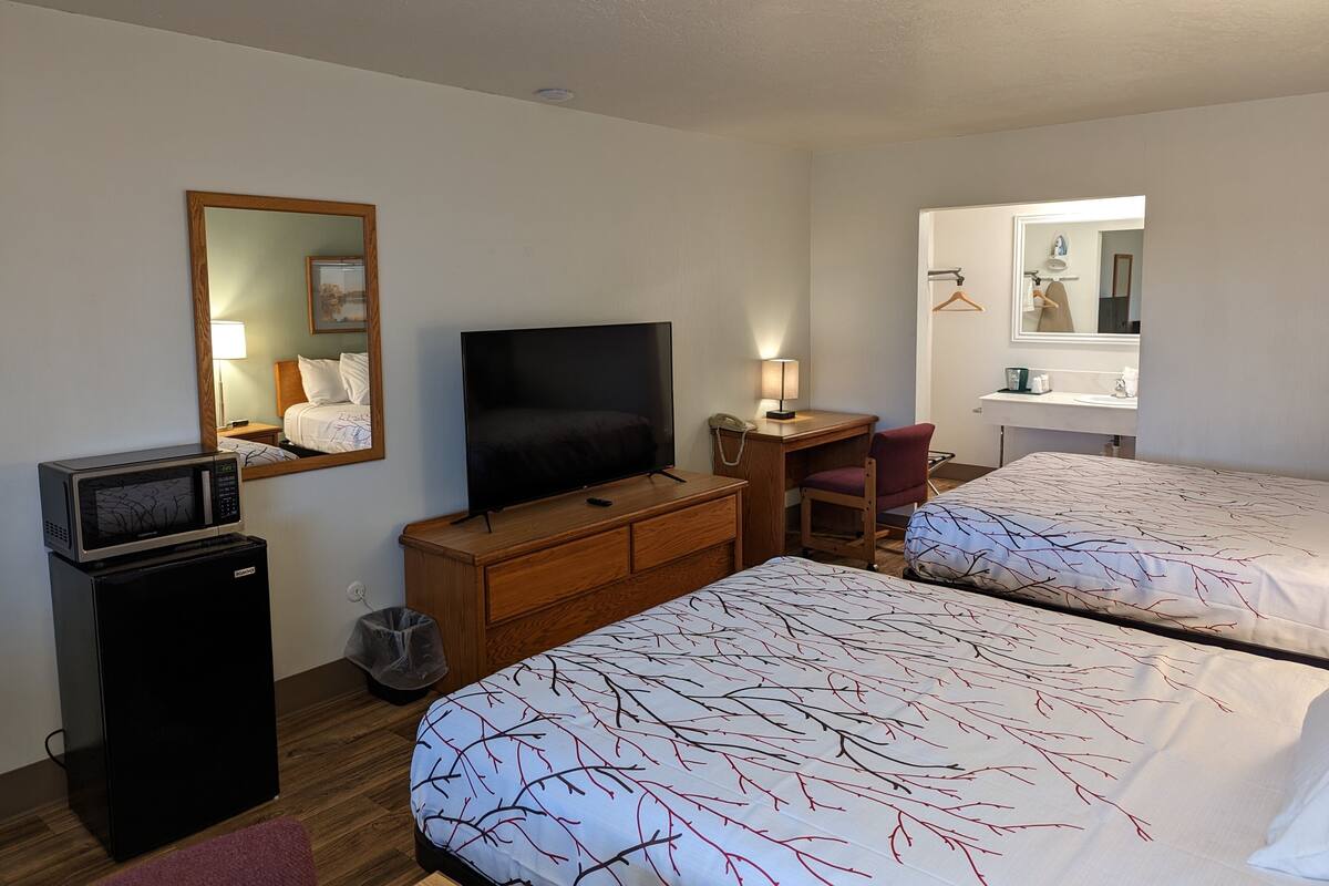 A hotel room with a bed, a TV, a desk, a chair, a mirror, and a small fridge.