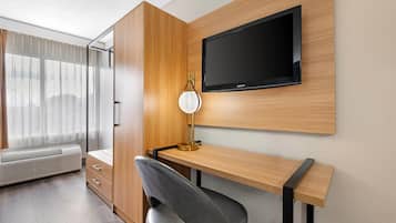 Desk, blackout drapes, iron/ironing board, WiFi