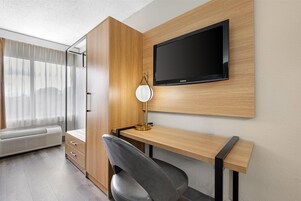 Desk, blackout drapes, iron/ironing board, WiFi