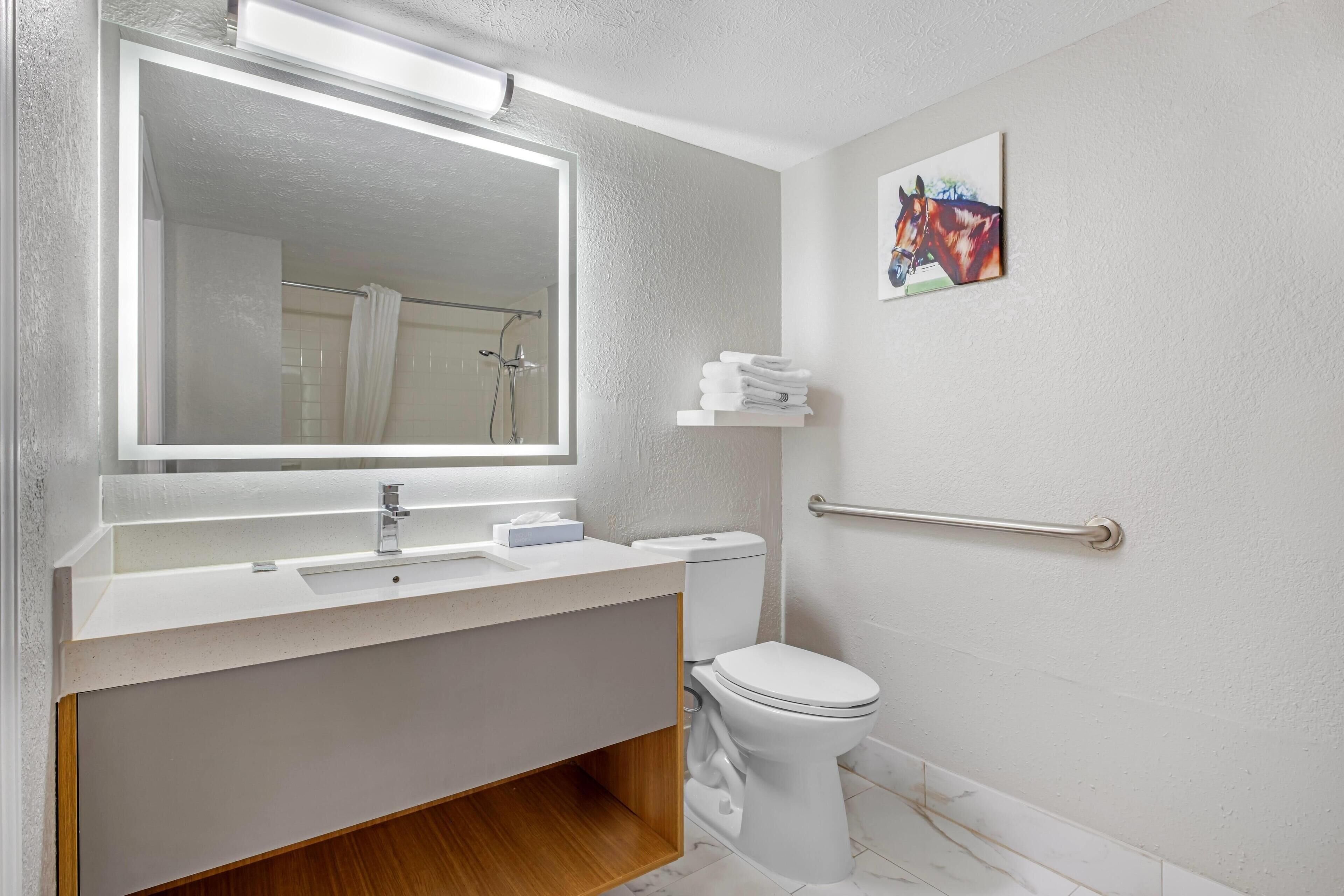 A bathroom with a white sink, mirror, and toilet. There is a towel rack above the toilet and a handrail on the wall.