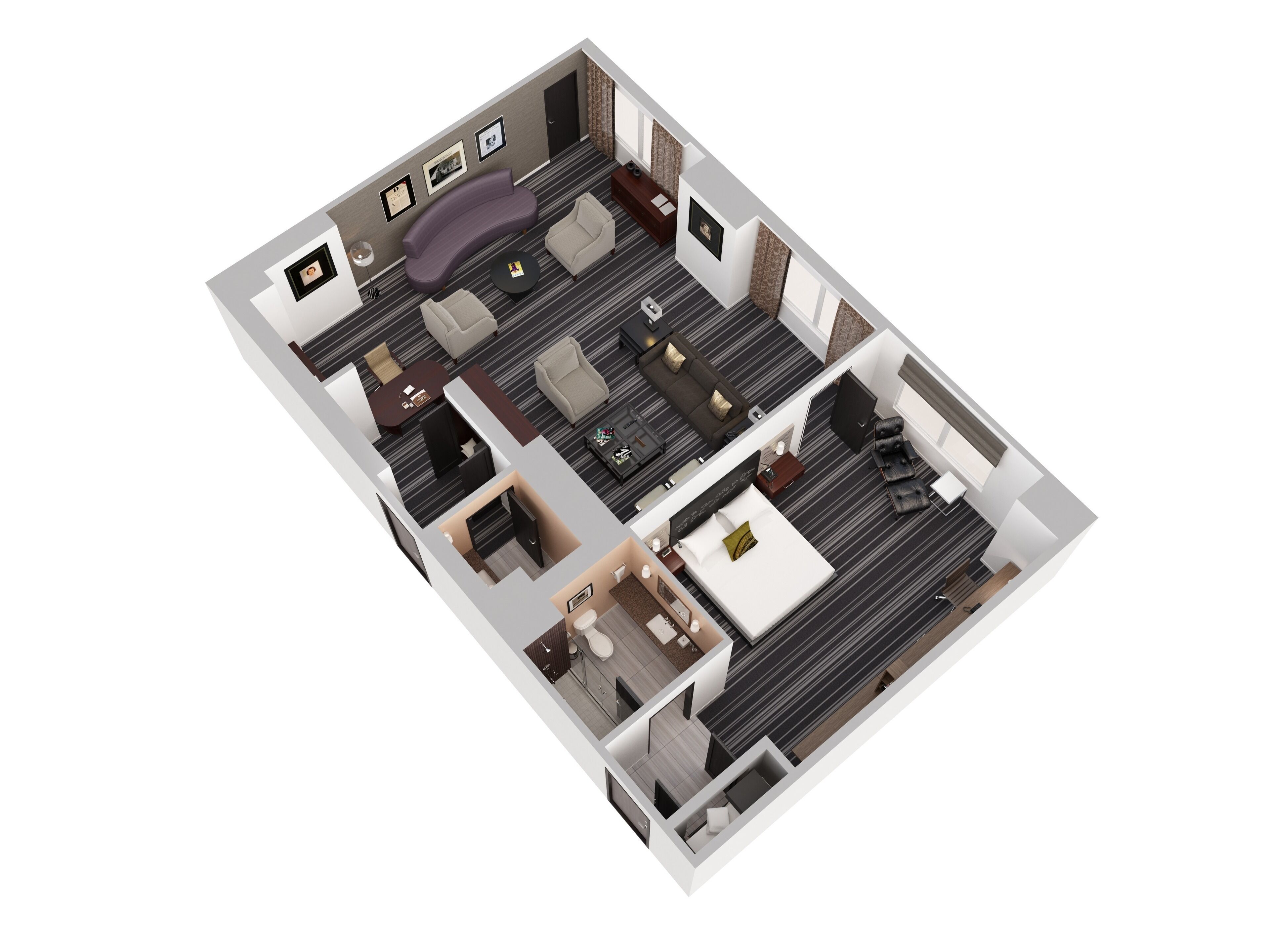 A 3D floor plan of a hotel room with a living area, a separate bedroom, a bathroom, and a small balcony.