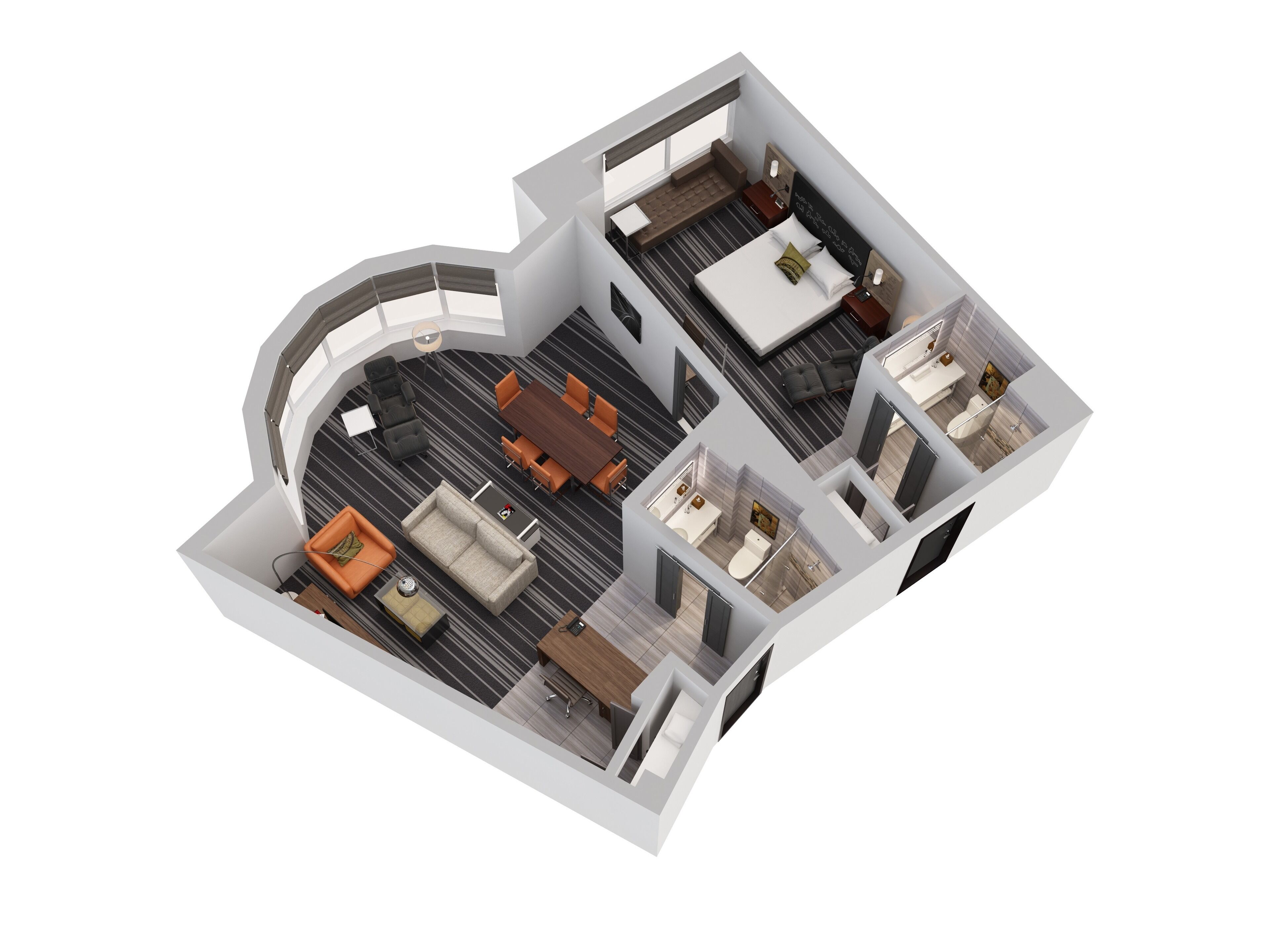 Plano de planta en 3D de una habitación de hotel con sala de estar, zona de comedor y baño.