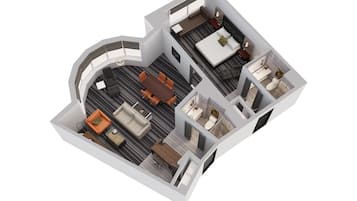 Plano de planta en 3D de una habitación de hotel con sala de estar, zona de comedor y baño.