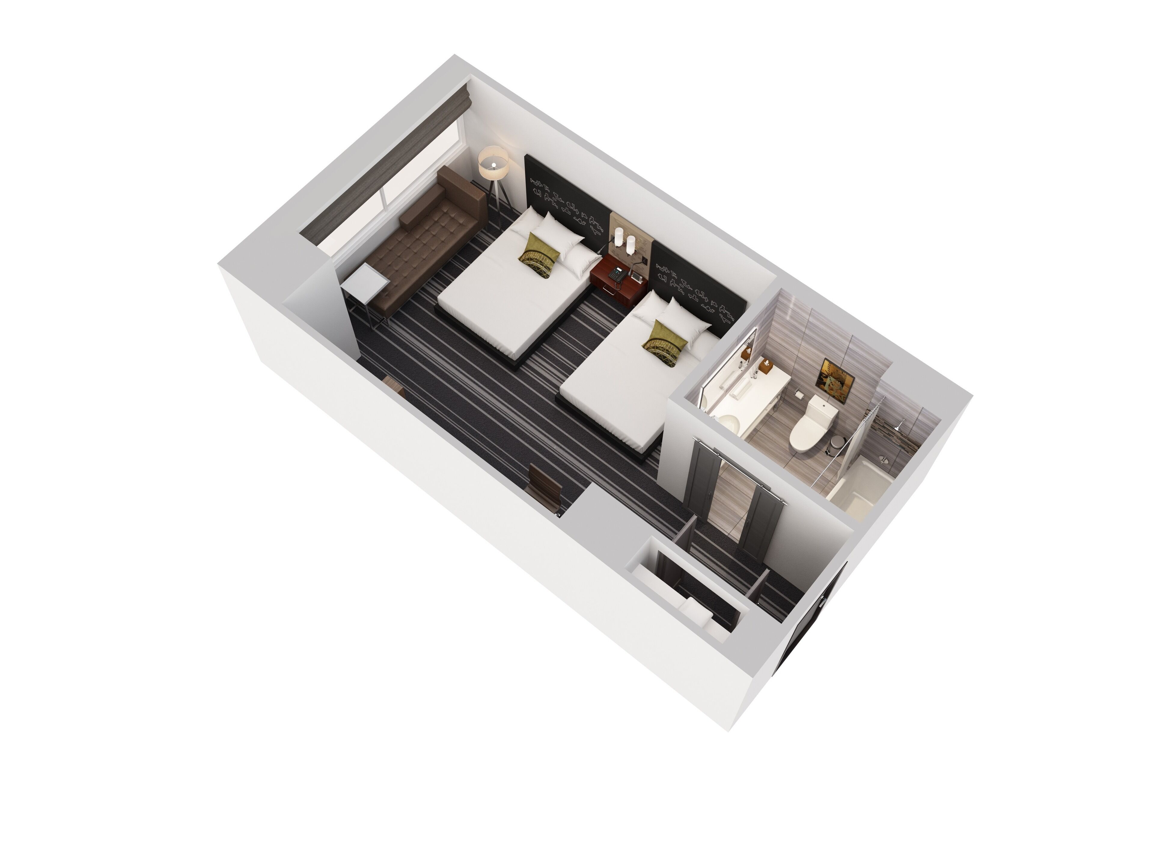 A modern hotel room with a large bed, a separate sitting area, a bathroom with a shower, and a small kitchenette.