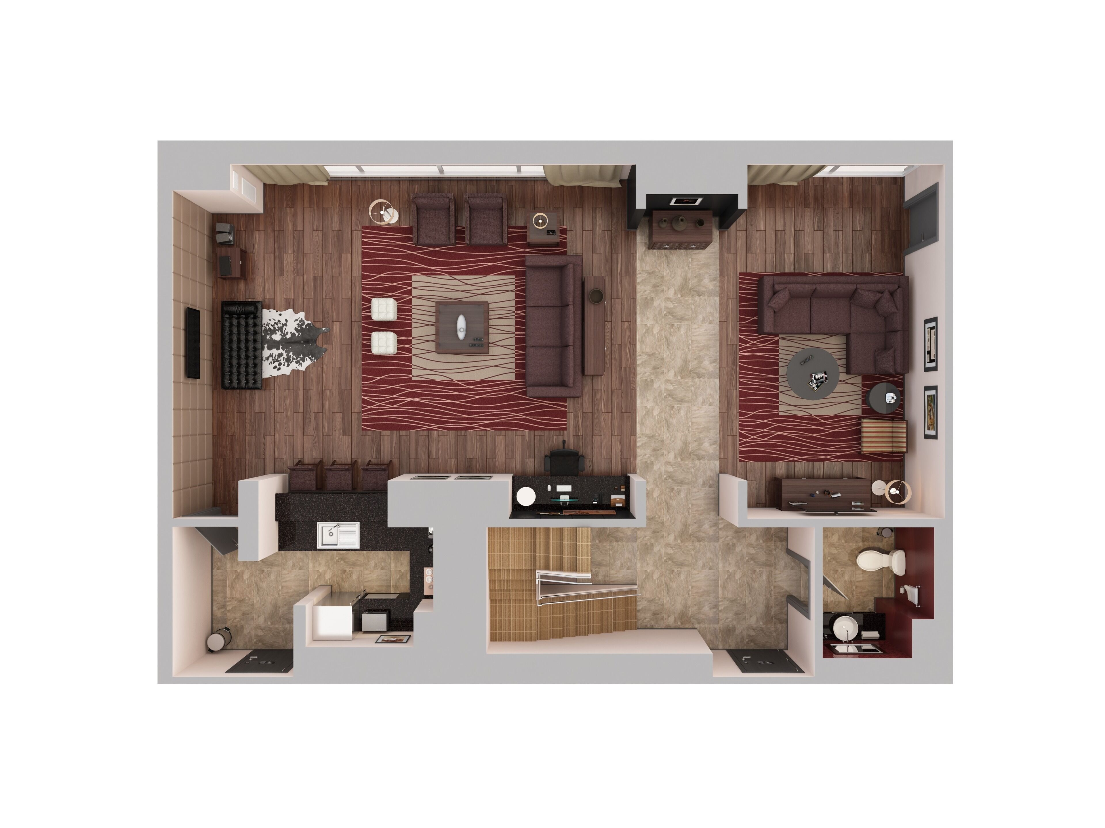 Distribución moderna de una habitación de hotel con sala de estar, comedor independiente, baño y cocina.
