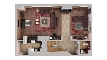 Distribución moderna de una habitación de hotel con sala de estar, comedor independiente, baño y cocina.
