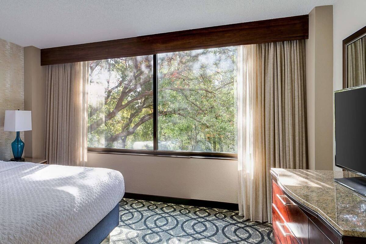 Una habitación de hotel con cama, televisor, ventana con cortinas y alfombra estampada.