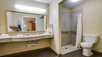 Combined shower/tub, free toiletries, hair dryer, towels