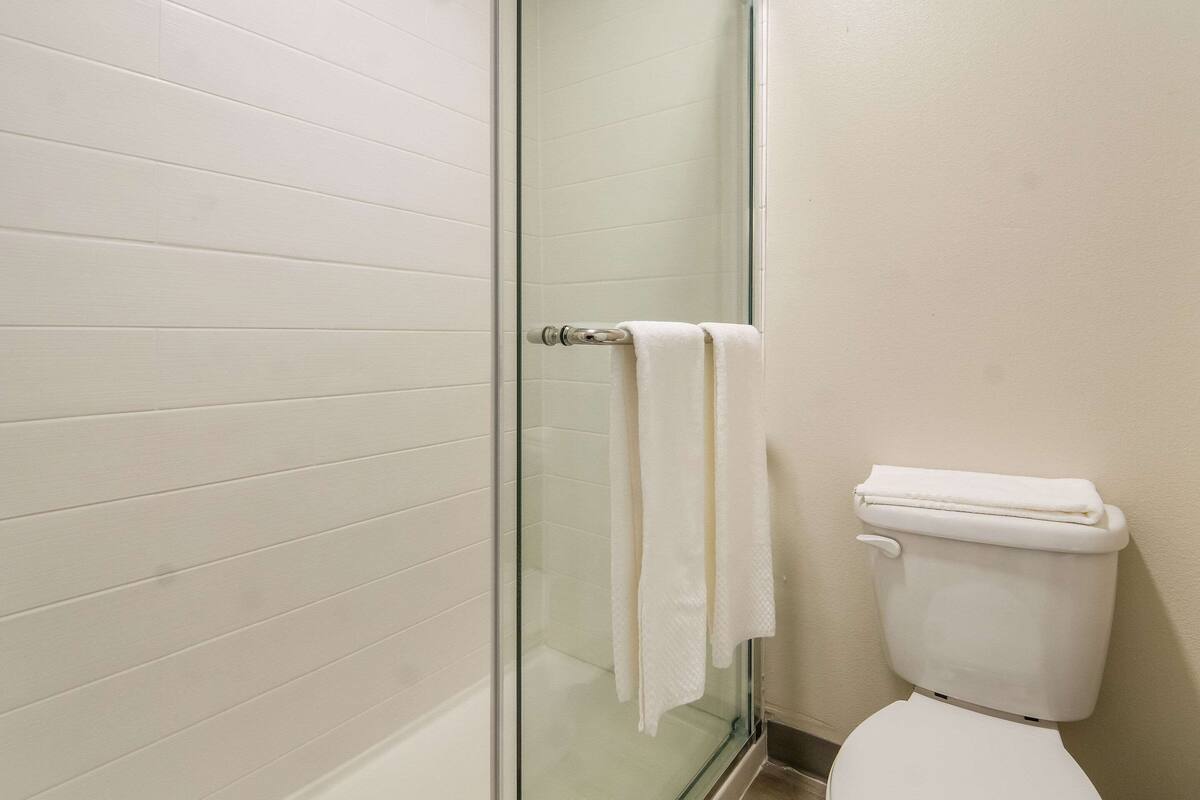 A bathroom with a glass shower enclosure and a white toilet.