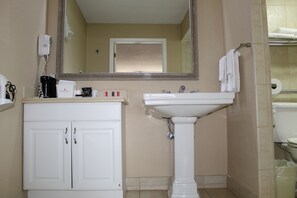 Combined shower/bathtub, free toiletries, hair dryer, towels