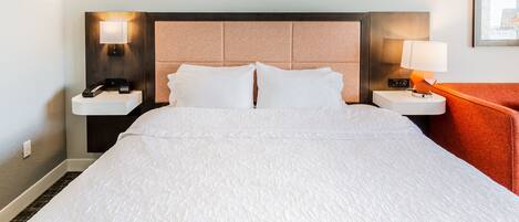 A hotel room with a large bed, two bedside tables, a nightstand, a wall-mounted lamp, and a framed picture on the wall.