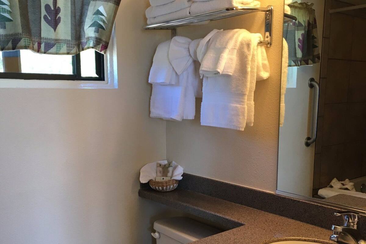 A bathroom with a toilet, sink, and towel rack.