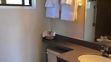 A bathroom with a toilet, sink, and towel rack.