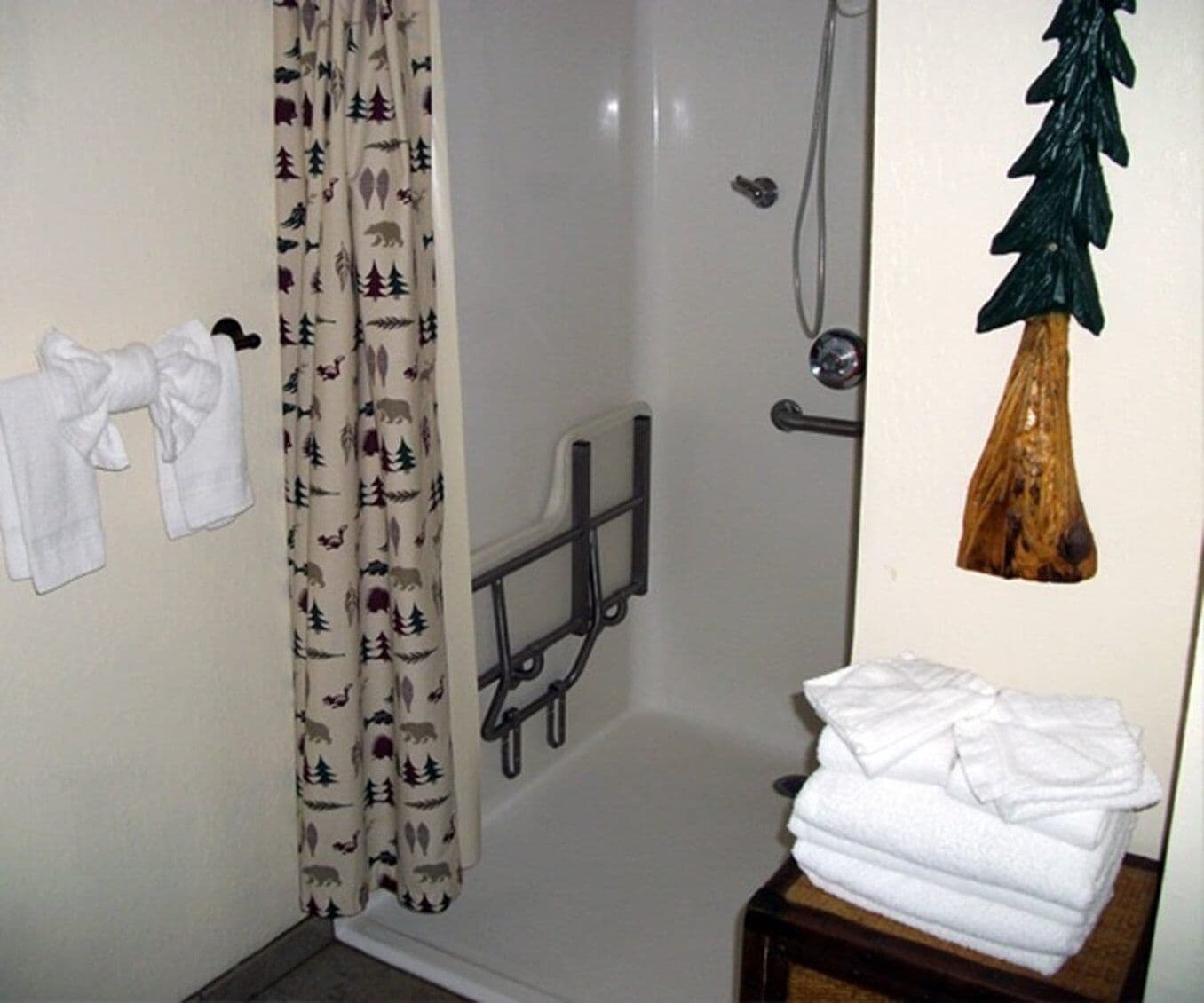 Un baño con ducha, toallero y una planta decorativa.