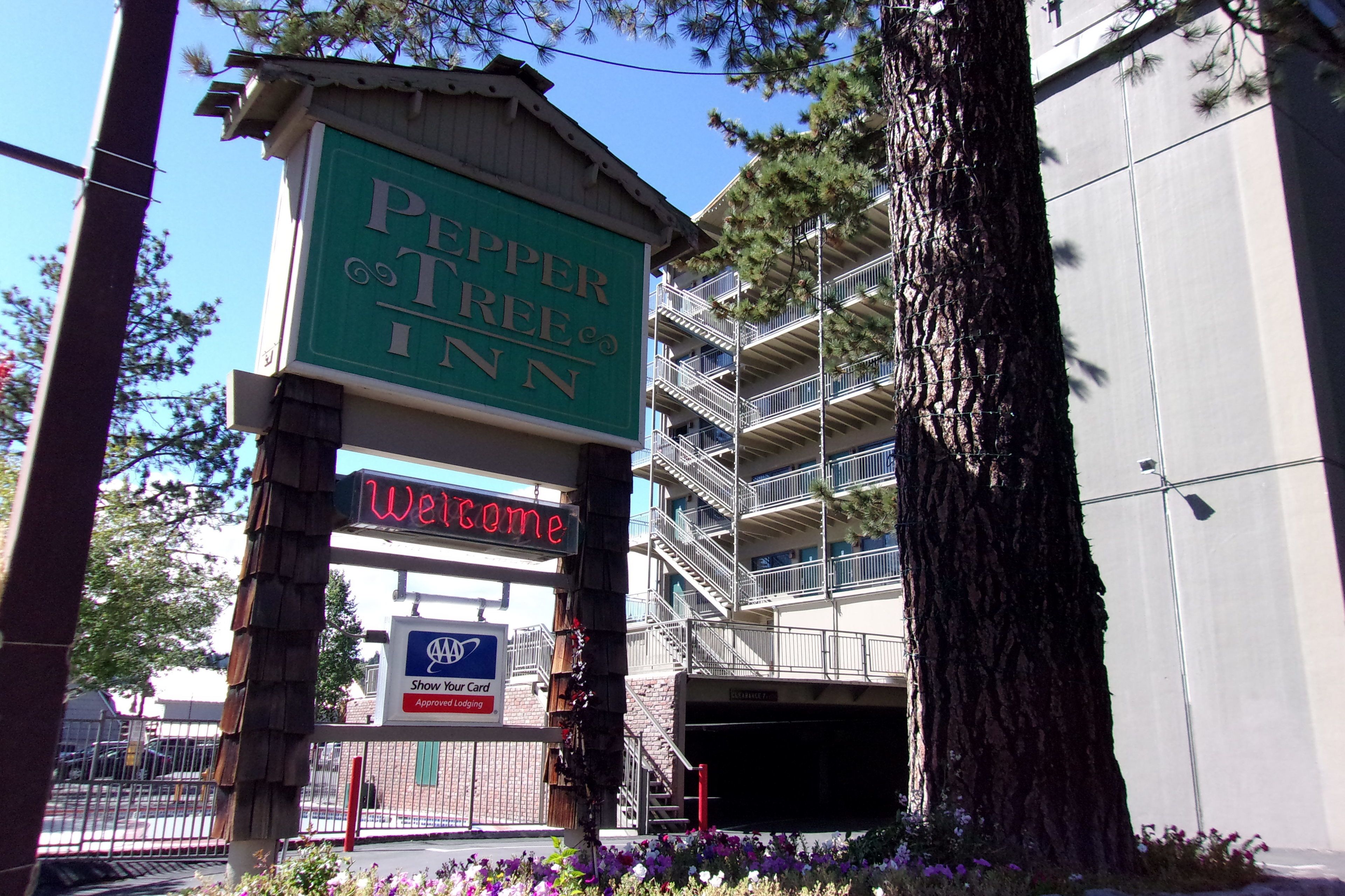A sign for Pepper Tree Inn with a 'Welcome' message and an AAA Approved Lodging sign.