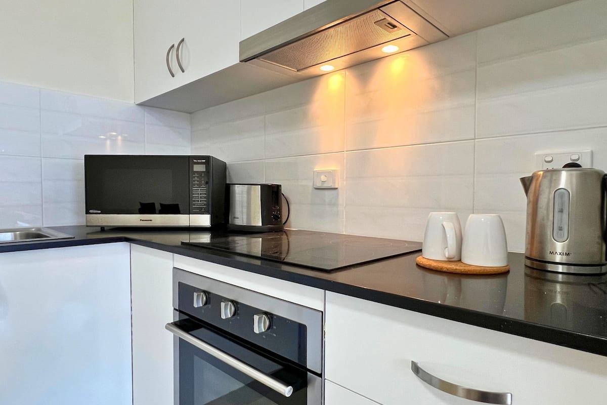 Mini-fridge, microwave, electric kettle