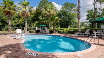 Outdoor pool, open 9 AM to 9:00 PM, pool umbrellas, sun loungers