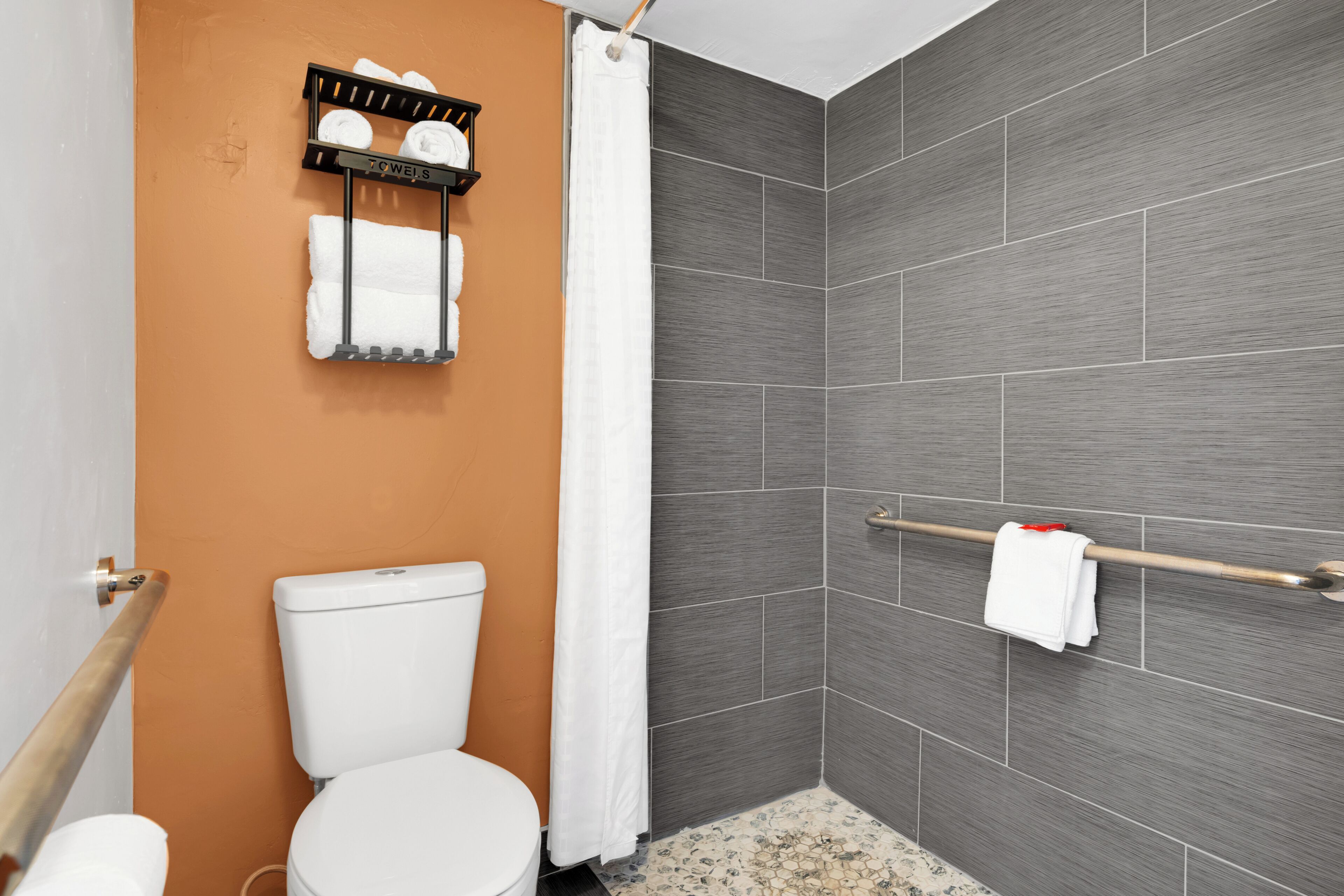 Un baño con inodoro, toallero y cortina de ducha.