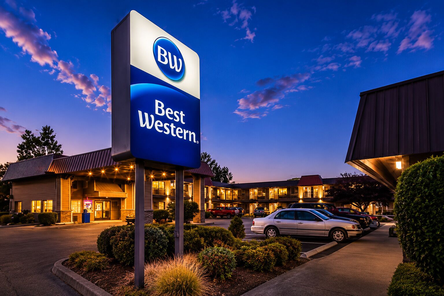 Een Best Western hotel met een opvallend bord, diverse parkeerplaatsen en een goed verlichte gevel.
