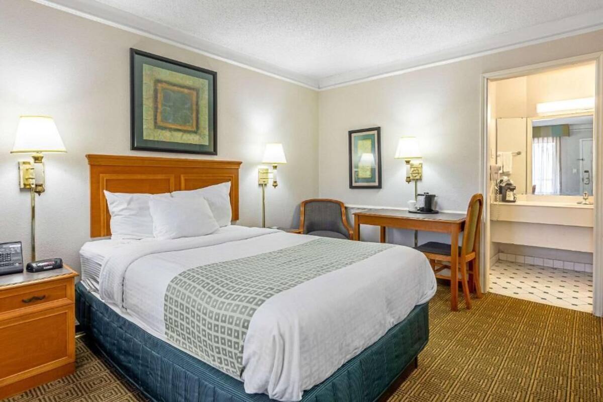 A hotel room with a bed, bedside table, desk, chair, and a bathroom with a mirror and sink.