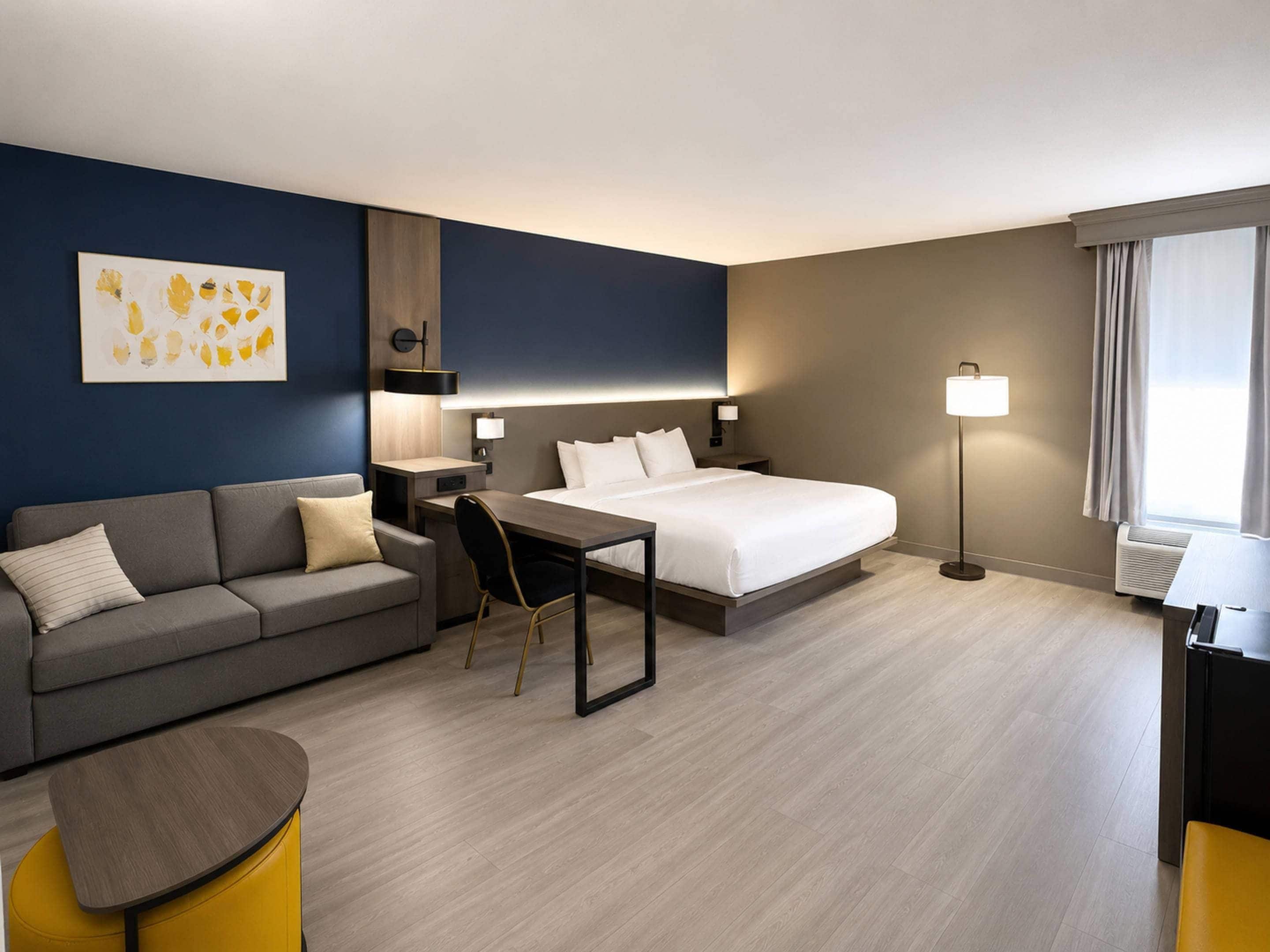 Una habitación de hotel con cama, escritorio, sofá y sillón.