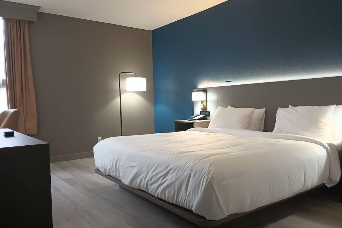 Una habitación de hotel con cama, mesita de noche, lámpara y escritorio.