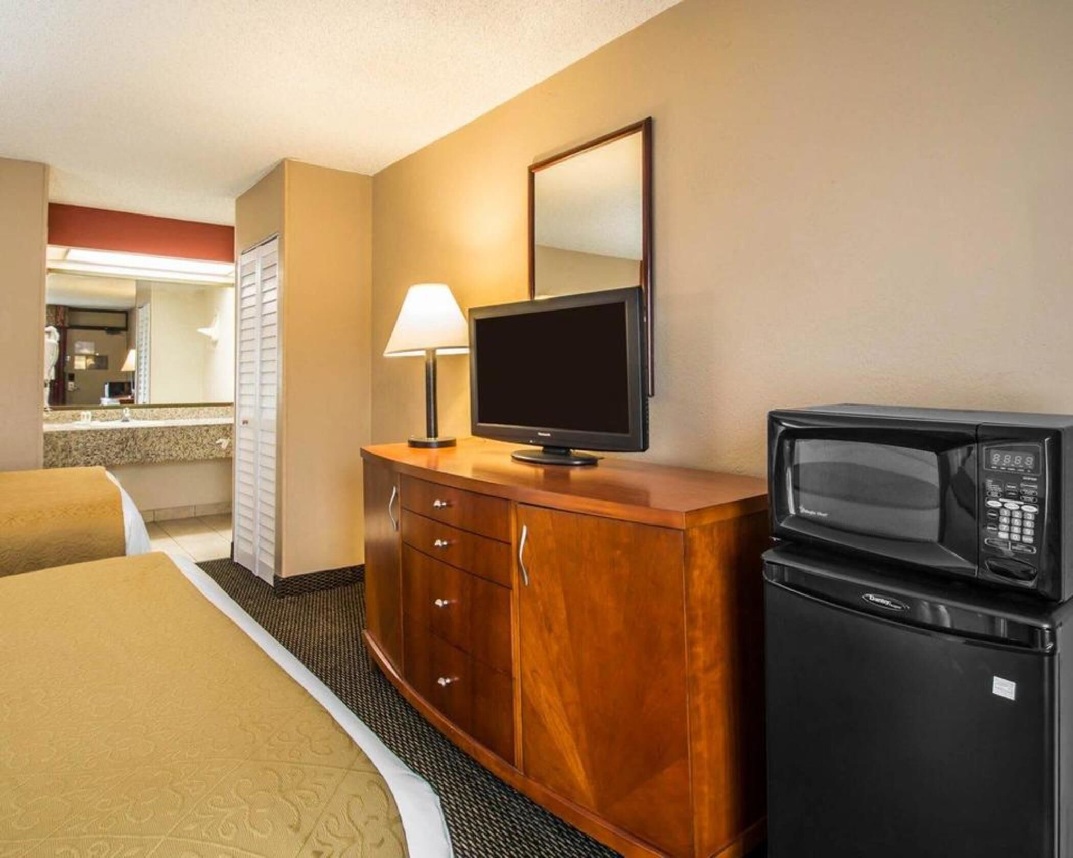A hotel room with a bed, a wooden dresser, a television, a microwave, and a mirror.
