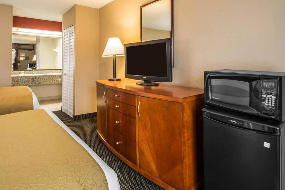 Une chambre d’hôtel comprenant un lit, une commode en bois, une télévision, un four à micro-ondes et un miroir.