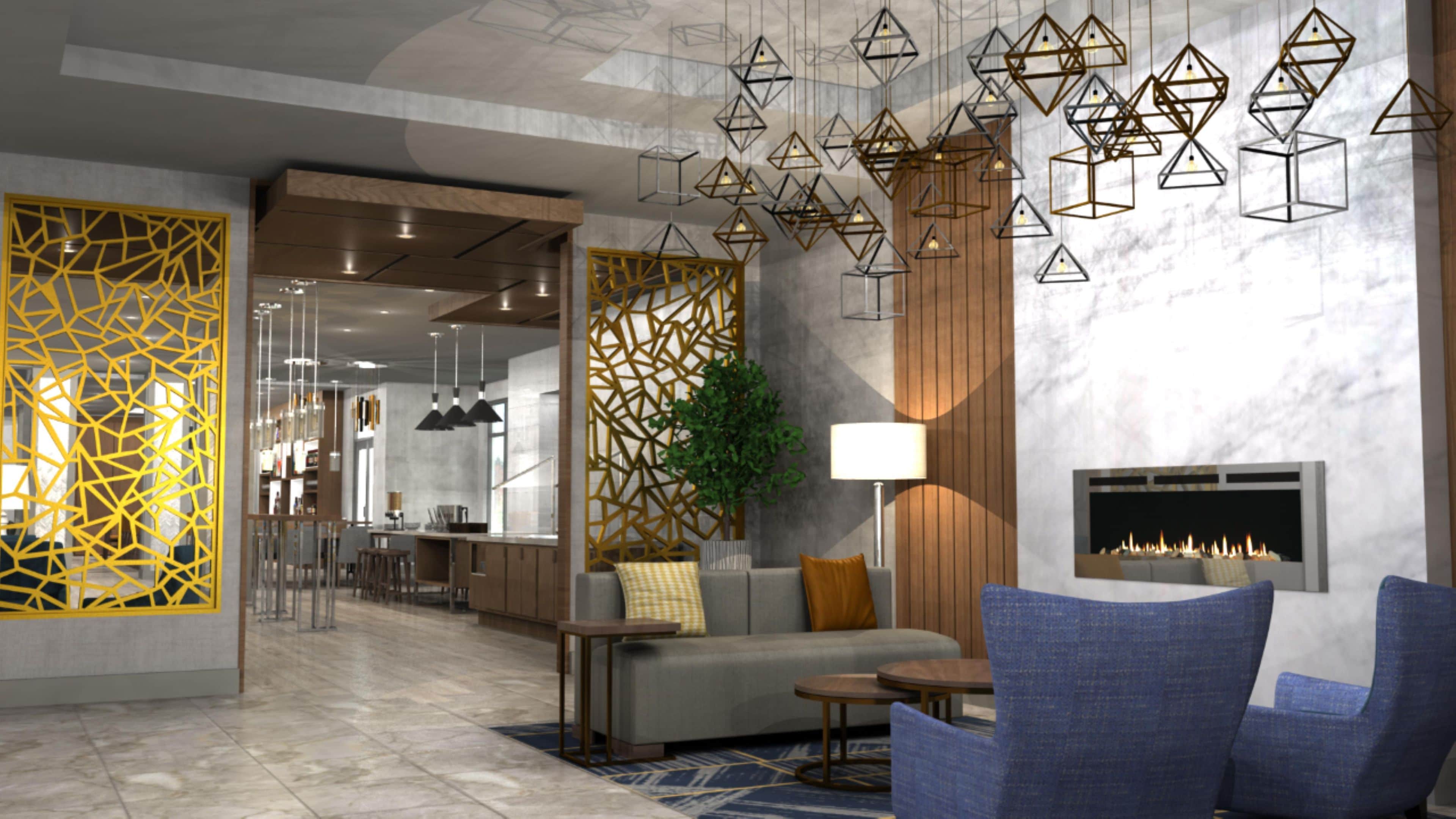 A modern interior with a sofa, blue armchairs, a fireplace, and geometric wall decor.