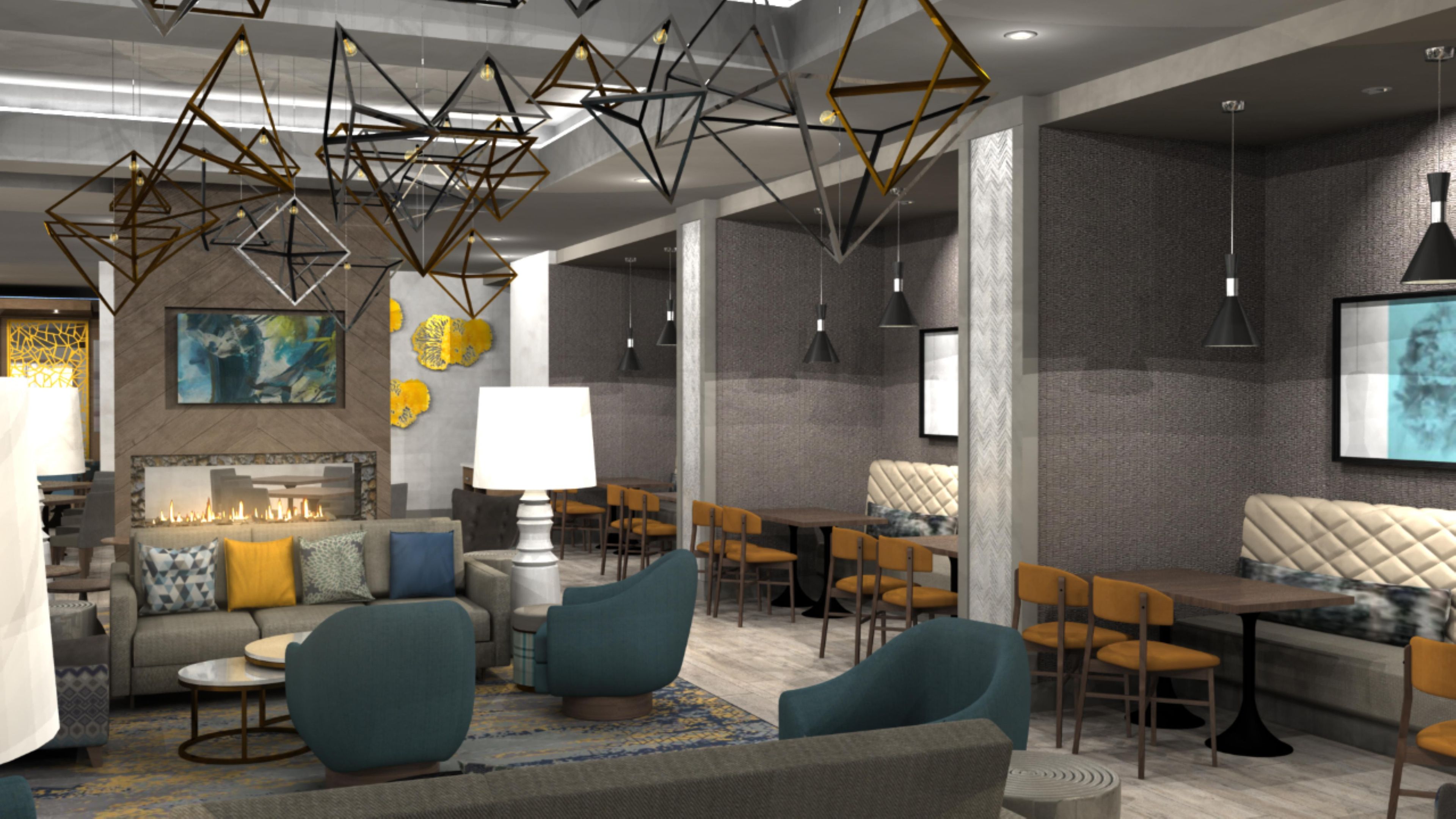 Un interior moderno con una zona de estar que incluye sofás, sillones y una mesa de comedor.