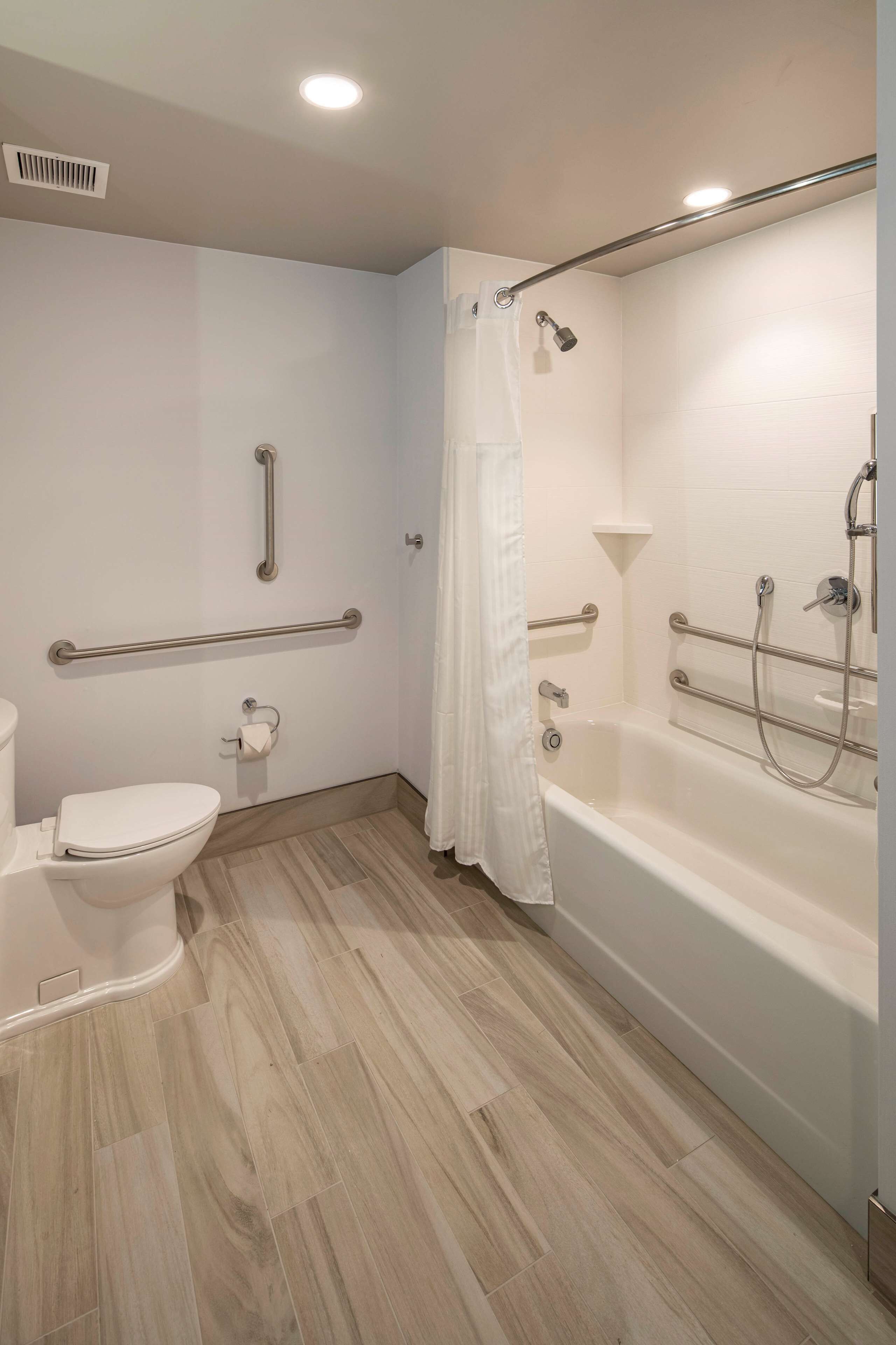 A modern bathroom with a toilet, grab bars, a shower with a handheld showerhead, and a bathtub.