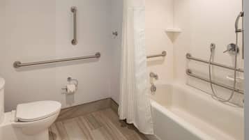 A modern bathroom with a toilet, grab bars, a shower with a handheld showerhead, and a bathtub.