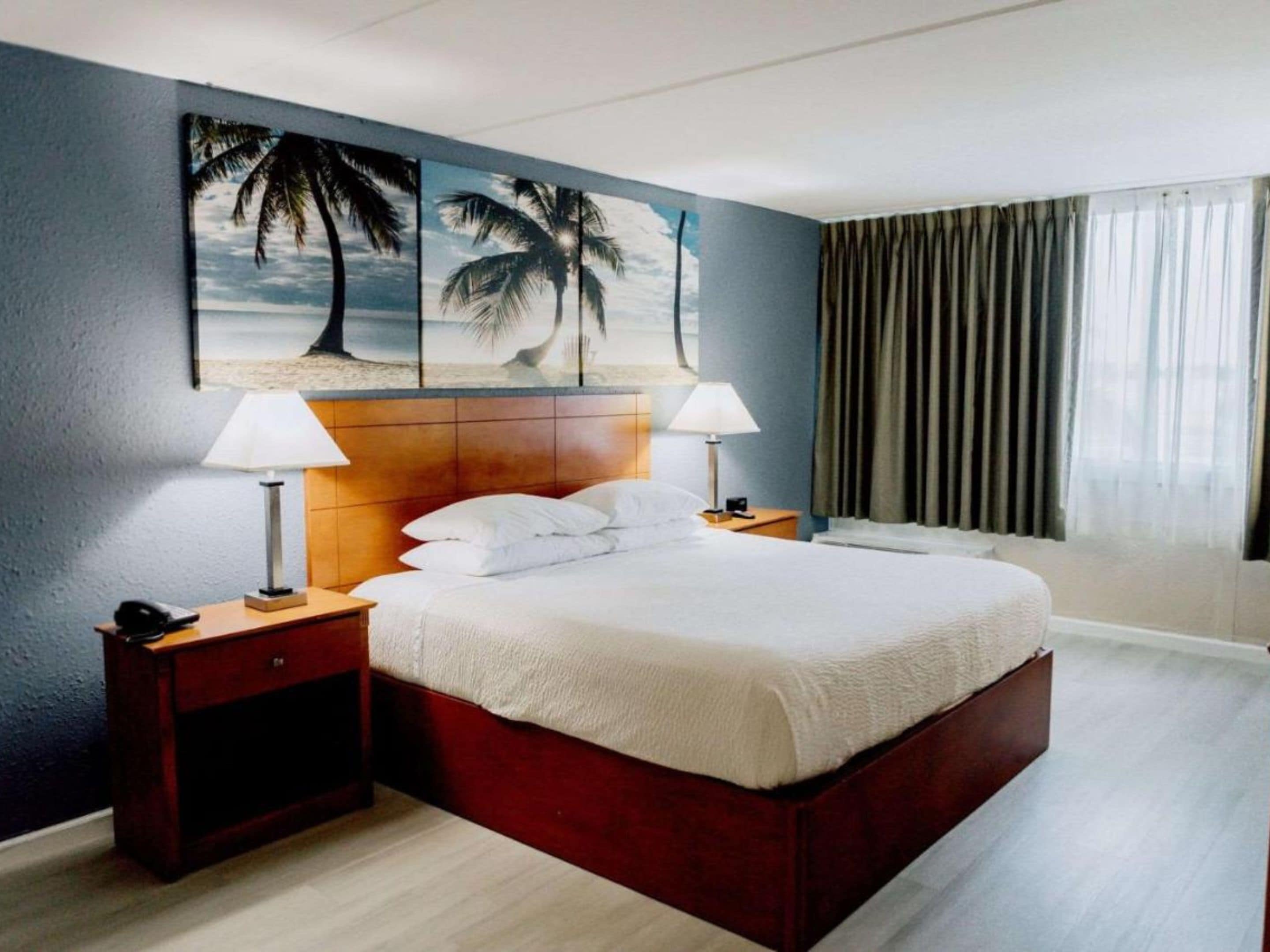 A hotel room with a bed, two bedside tables, a nightstand, a headboard, and a large window with curtains.