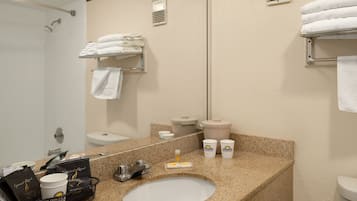 Ein Badezimmer mit Waschbecken, Spiegel, Handtuchhalter, Toilette und Dusche.