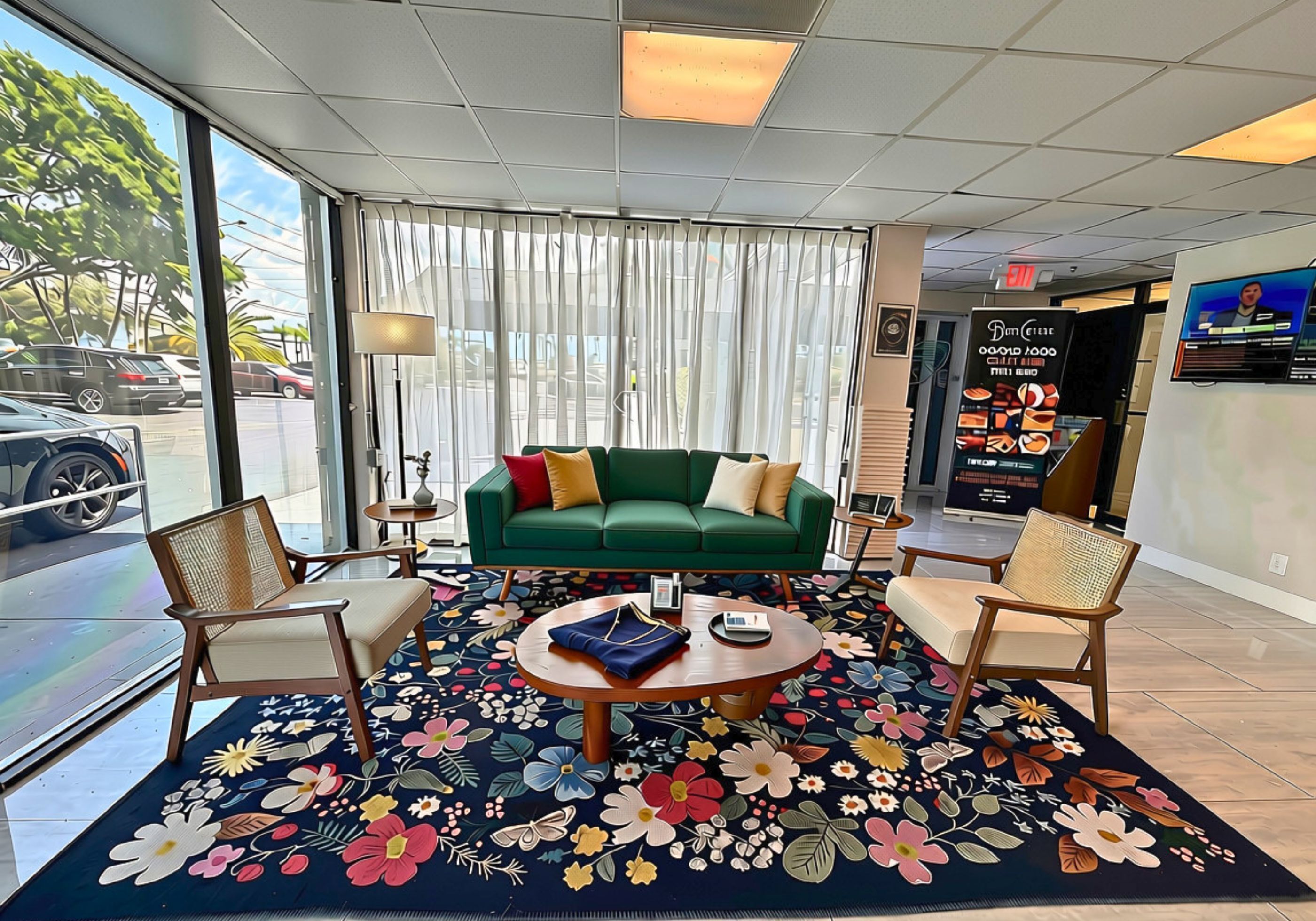Un hall de hotel con un sofá verde, dos sillones, una mesa de centro y una alfombra estampada.