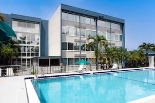 Outdoor pool, open 9:00 AM to 9:00 PM, pool umbrellas, sun loungers