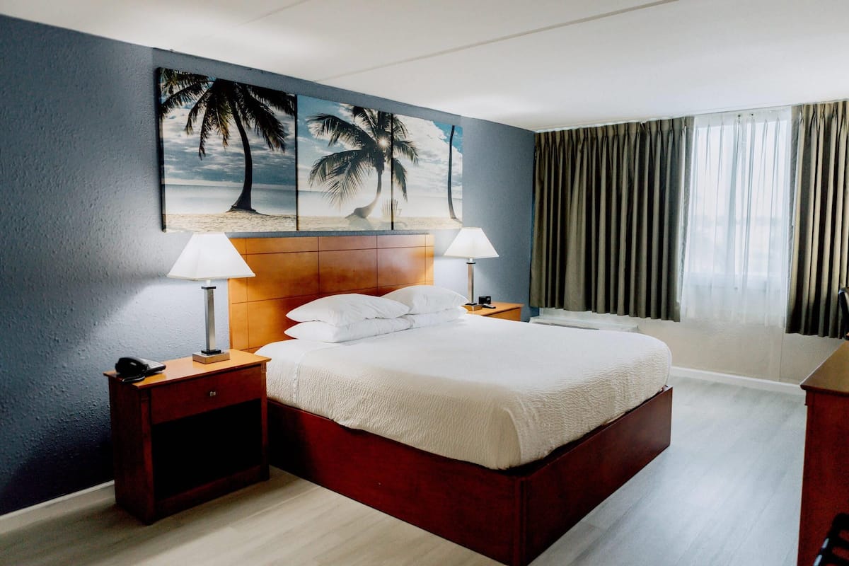 A hotel room with a large bed, two bedside tables, a nightstand, a lamp, a painting of palm trees, and a window with curtains.