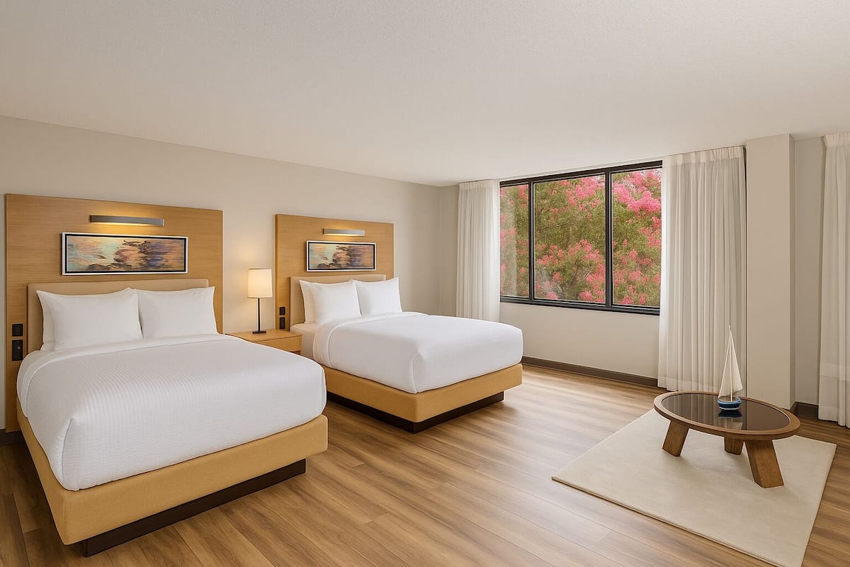 Ein Hotelzimmer mit zwei Betten, einem kleinen Tisch und einem Fenster mit Blick auf rosa Blumen.