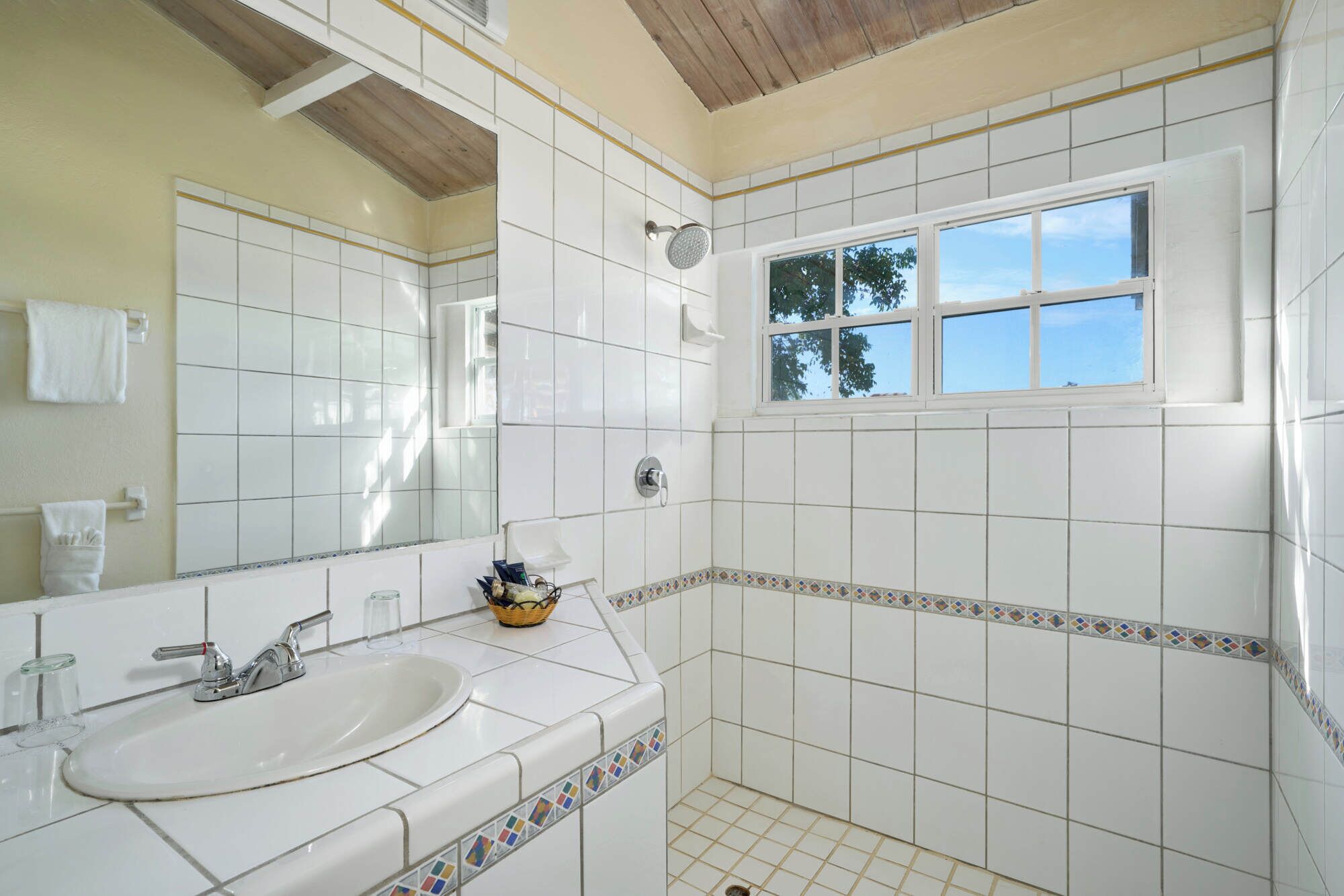 A bathroom with a sink, mirror, and shower.