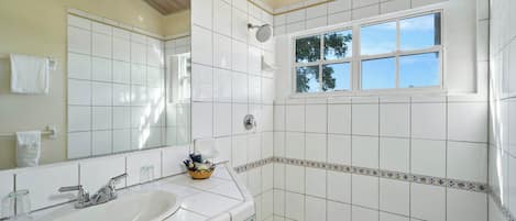 A bathroom with a sink, mirror, and shower.