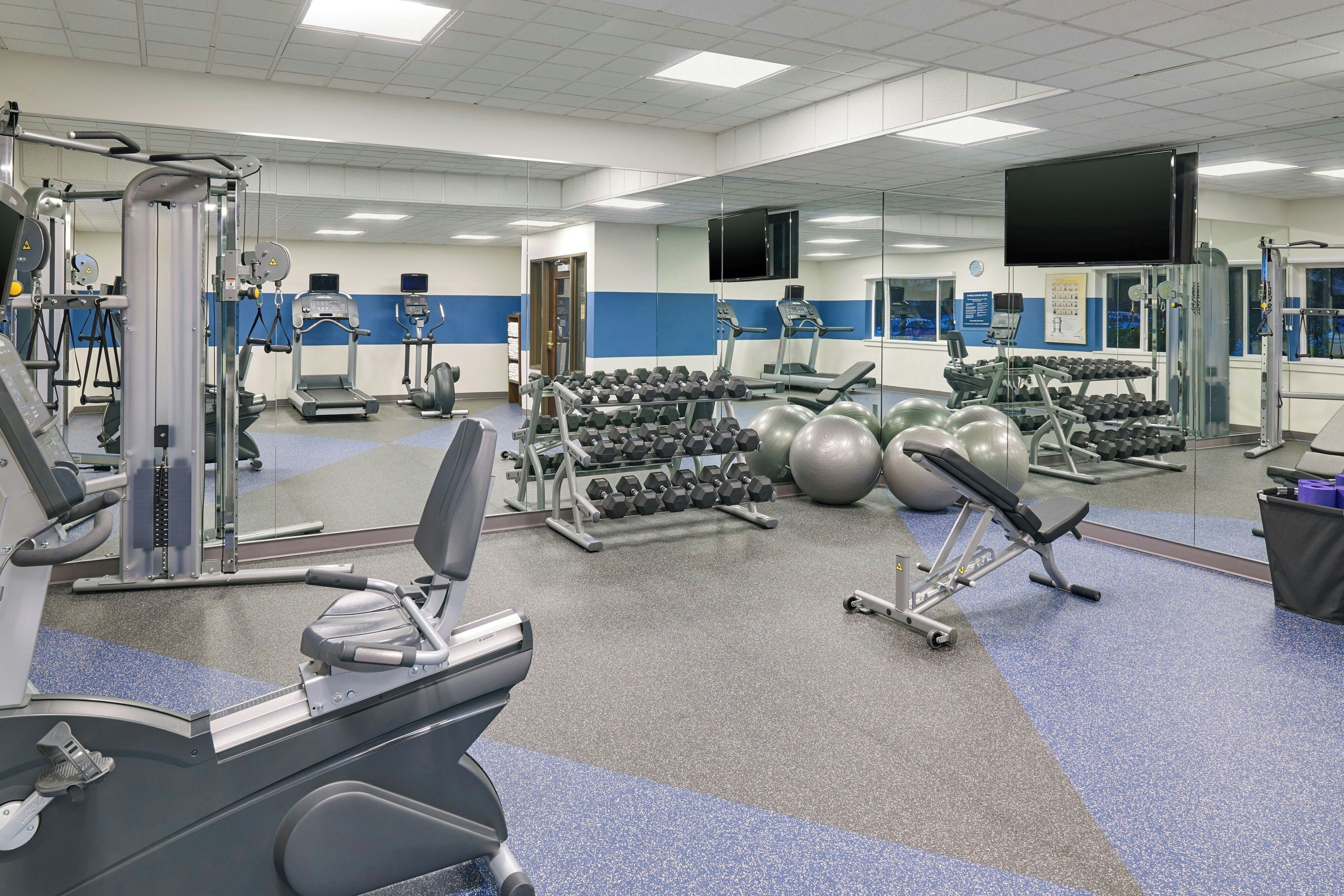 A gym with various exercise equipment, including treadmills, dumbbells, and exercise balls.