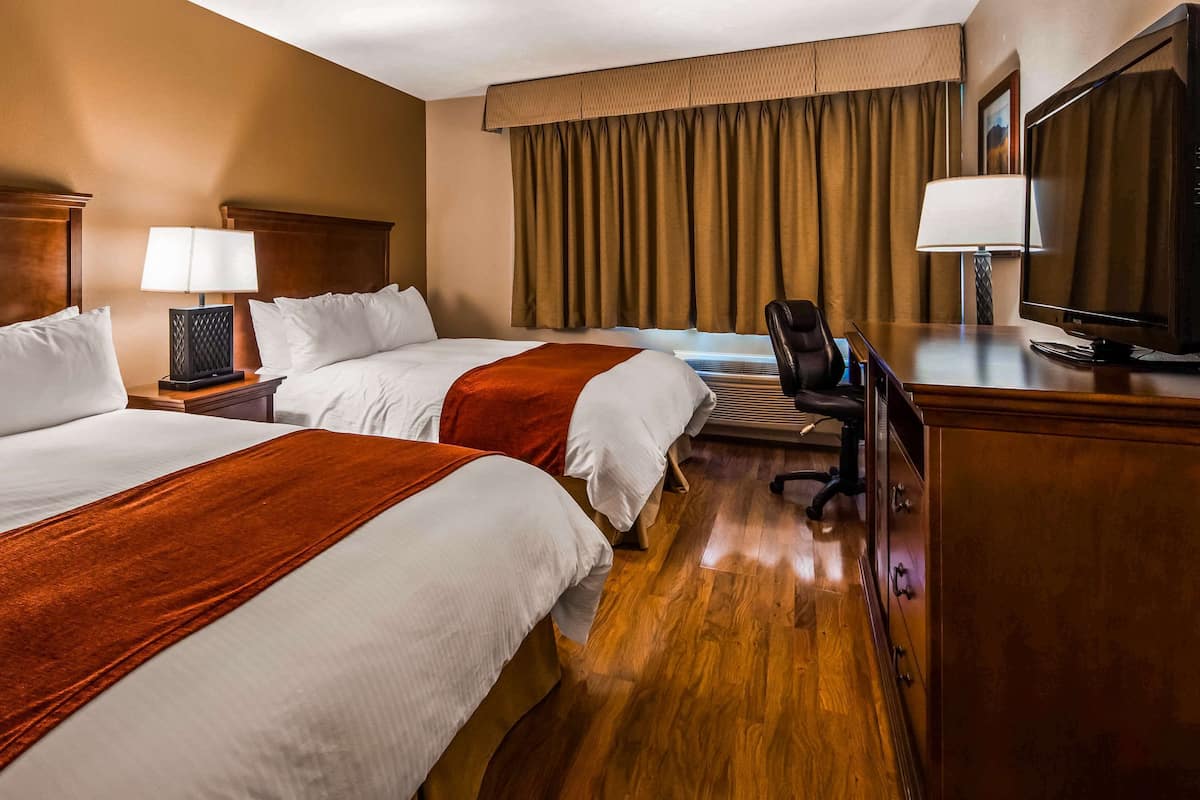 A hotel room with two beds, a desk, a chair, a television, and a heater.