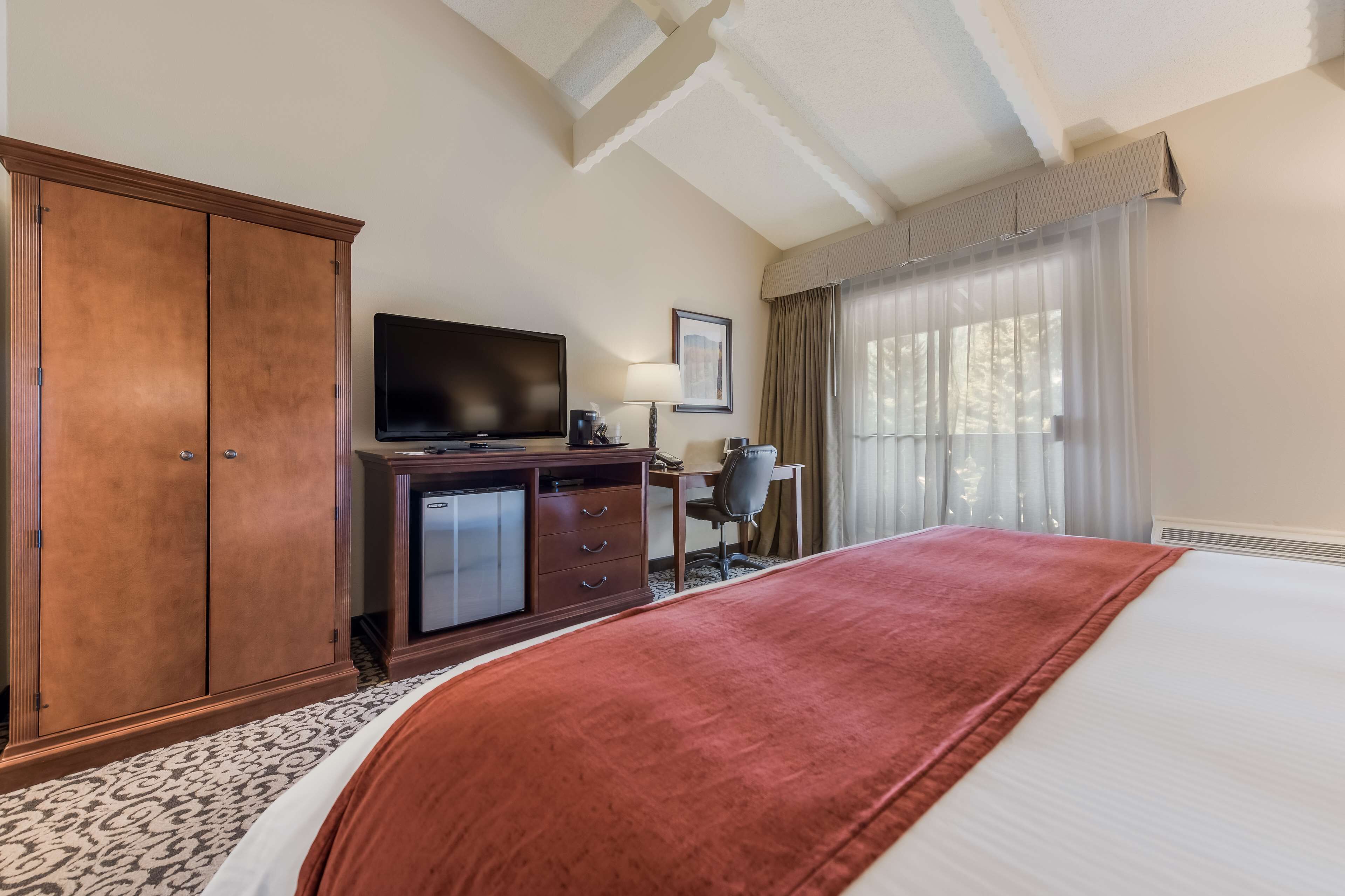 Una habitación de hotel con una cama grande, un escritorio con una computadora, un televisor y un armario.