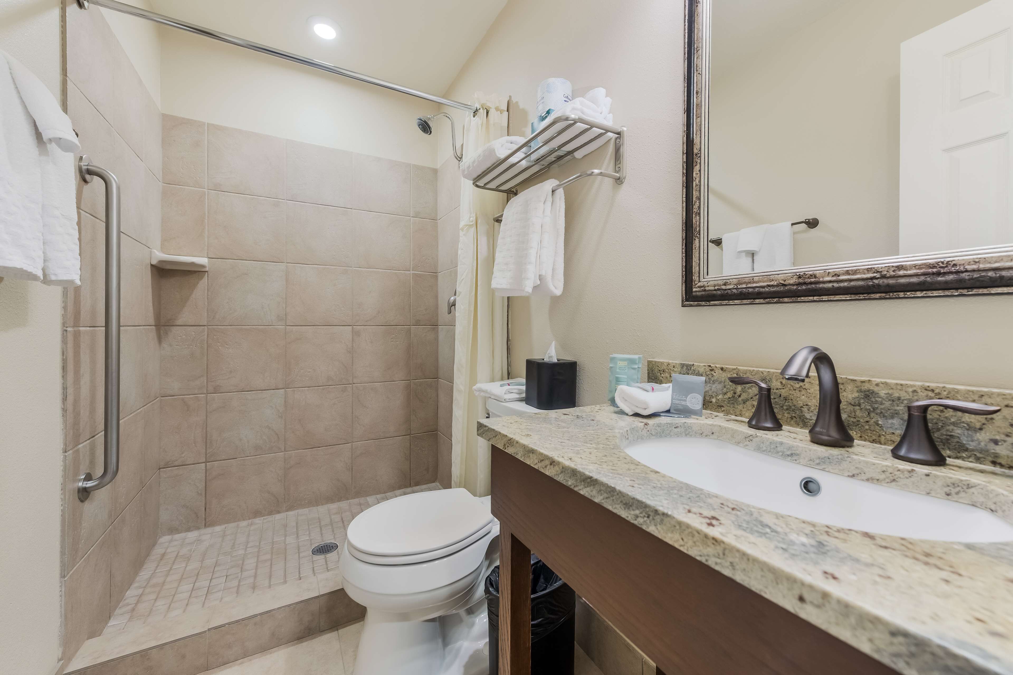 Une salle de bain équipée d’une douche, de toilettes, d’un lavabo et d’un porte-serviettes.